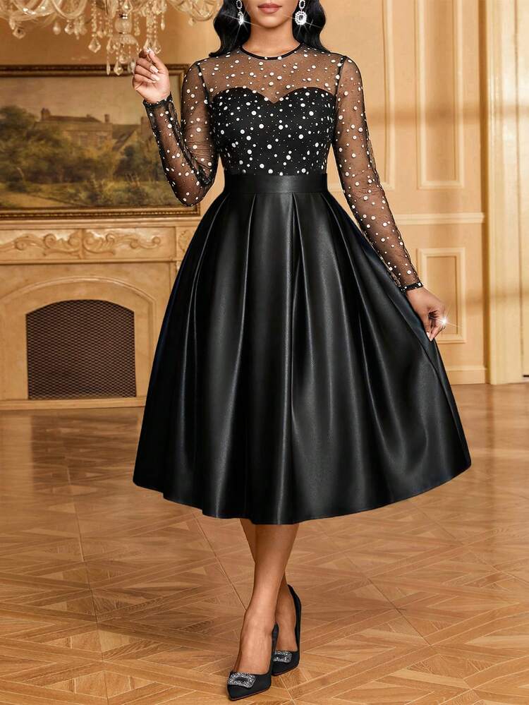 SHEIN Lady Elegantes Damen Party-Kleid mit Polka-Punkt-Muster, Mesh-Einsätzen und plissiertem Saum in Midi-Länge - Schwarz - Übersicht 3