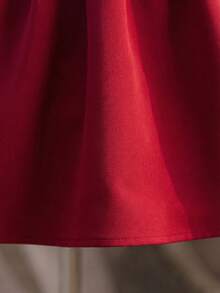 Young Girl Woven Solid Color Jacquard Bowknot Ruffle Hem Snug Fit Dress - Red - View 6