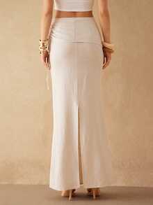 Silquee Chân váy nữ tối giản xẻ tà, eo rút dây, chất liệu vải lanh pha, thích hợp cho kỳ nghỉ. - Màu be - Xem 2