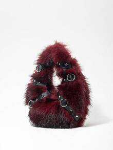 ROMWE Grunge Punk 女士手提包，毛绒，毛绒包，朋克铆钉机车包，女士礼物，金属链，时尚，个性化，百搭，购物，街头，甜美酷女孩，性感女孩，Y2K，日常，秋冬季（随机图案） - 紅色 - 查看 2