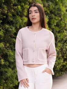 Andrea Bello Women Crew Neck Jacket, Embroidered Contrast Edge Jacket, Casual Street Style Ladies Jacket, Office Wear In Fall/Winter - Apricot - View 5