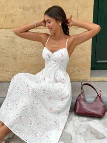 Serisse Đầm nữ dáng lửng ren thêu họa tiết, kiểu dáng thường ngày. - Màu Hồng baby - Xem 7