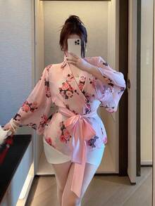 Vibekara Valentine Plus Size Kimono Style Cinched Waist Casual Shirt - Multicolor - View 6