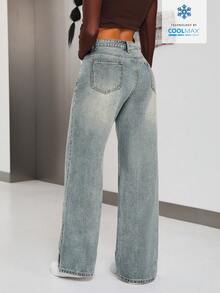 SHEIN ICON Jeans de pierna ancha con bolsillos y botones, de uso casual y versátil para uso diario de mujeres - Azul - Ver 2