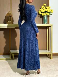 Modelyn 女士长袖褶皱肩部金属装饰修身优雅阿拉伯连衣裙 - 藏蓝色 - 查看 6