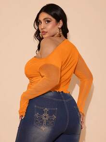 SHEIN BAE Áo kiểu nữ cỡ lớn mùa hè bằng vải lưới trang trí nơ, thích hợp cho tiệc tùng, sinh nhật thanh lịch. - trái cam - Xem 2