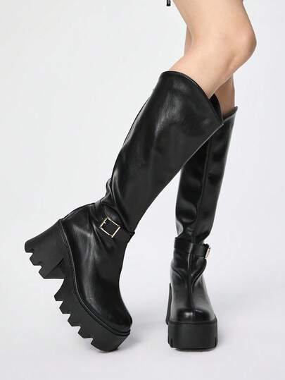 ROMWE Grunge Punk 女士过膝长靴 - 2025秋冬新款时尚百搭厚底深色PU圆头搭扣小码显瘦高筒骑马靴