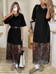 SHEIN LUNE 大码女式圆领短袖撞色蕾丝下摆宽松休闲连衣裙 - 黑色 - 查看 9