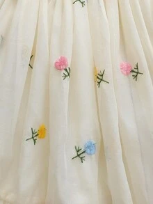 Vintaside Kids 女婴杏色花卉刺绣泡泡吊带公主裙，适合外出、休闲穿着和派对。 - 彩色 - 查看 3