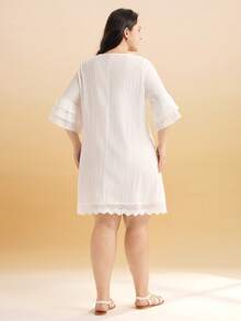 Momelise Vestido casual de vacaciones de primavera/verano para mujer con parches de unicolor, cuello de encaje con flecos y dobladillo con volantes, talla grande - Multicolor - Ver 3