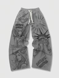 Street Life Men's Casual Angel Print Drawstring Waist Wide Leg Sweatpants, Autumn/Winter