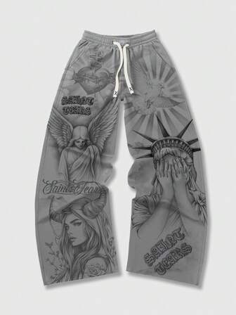 Street Life Pantalon de survêtement ample à taille élastique avec imprimé ange, style décontracté pour hommes, automne/hiver