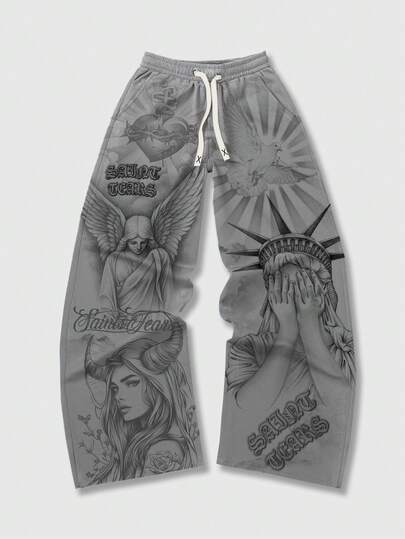 Street Life Pantalon de survêtement ample à taille élastique avec imprimé ange, style décontracté pour hommes, automne/hiver