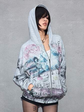 ROMWE Avant Felpa casual e ampia con stampa di figure d'avanguardia, scene e slogan di testo in stile patchwork