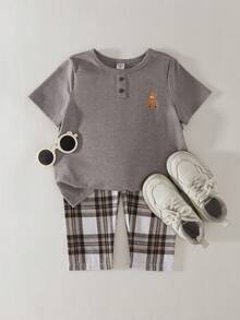 THE HAPPY LOOK 2pcs/Set Young Girl Cartoon Bear Pattern Knit Soft Round Neck Short Sleeve Top And Plaid Pants - Multicolor - View 3