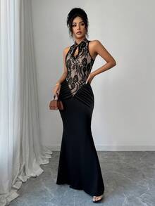 Rafferiza French Sexy Elegant Cheongsam-Collar Hollow-Out Lace Patchwork Black Dress, Suitable For Vacation, Evening Party, And Social Gathering Black Lace Dress Sexy Dinner Outfits Women Sexy Black Dress Women Black Sexy Dress Black See Through Dress Black Bodycon Dress Sexy Dinner Dress Valentine's Day Black Sexy Dress Women Slay Diva Dress Black Lace Evening Dress Slim Fit Black Dress See Through Black Dress - Black - View 6