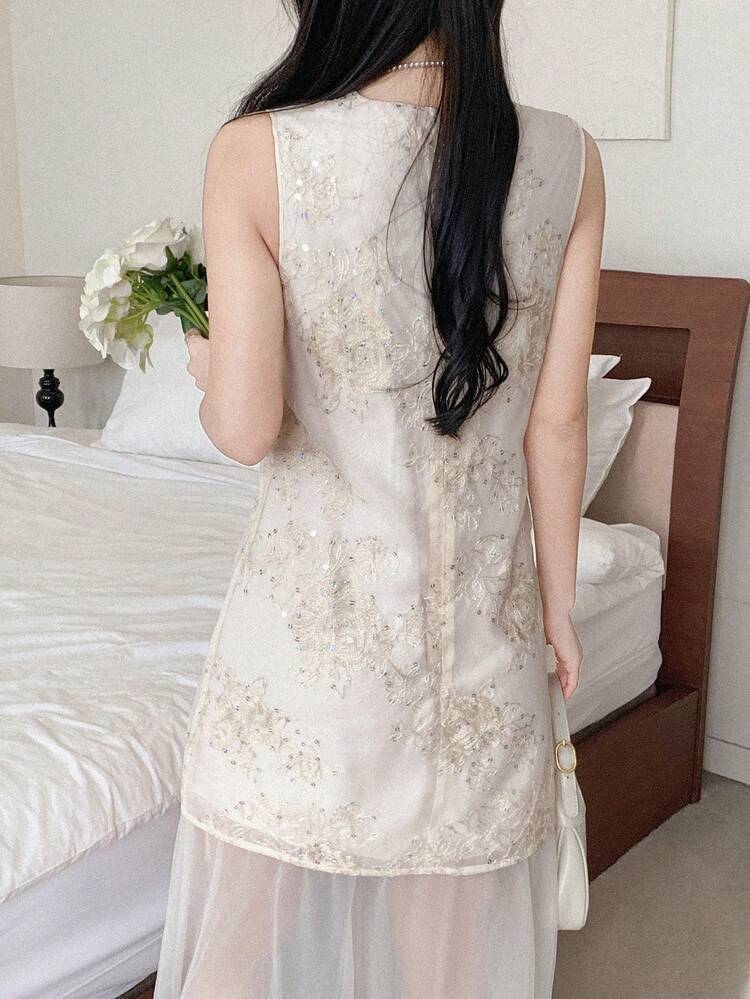 Women's Elegant Commuter Sequin Embroidery Mesh Patchwork Sleeveless Midi Dress Wedding Guest Dress,Valentine Outfits For Women Cocktail Dress