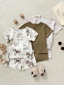 Playful Pals 3 Sets Toddler Boys Cute Casual Cartoon Dog Cat Graphic Print Waffle Texture Solid Green Striped Short Sleeve Round Neck T-Shirt Tops And Shorts Pants Bottoms Soft Stretchy Two Piece Outfits Clothing Sets For Daily Home Playwear Summer - Multicolor - View 4