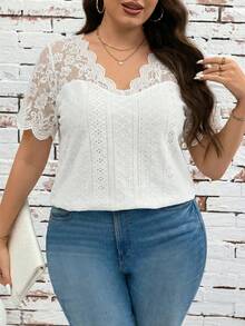 SHEIN Clasi Plus Size Summer Solid Color Contrast Lace Hollow Out Embroidery T-Shirt - White - View 3