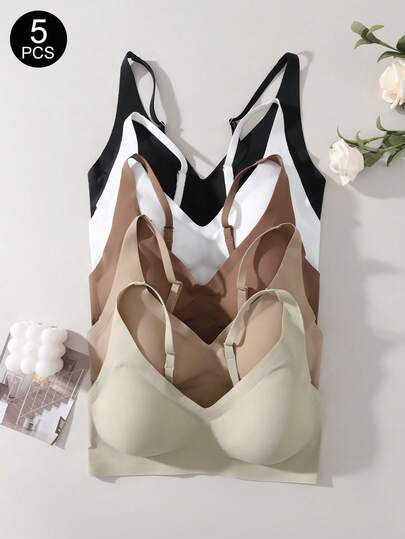 Set de 5 sujetadores inalámbricos cómodos y de unicolor sin costuras para mujeres