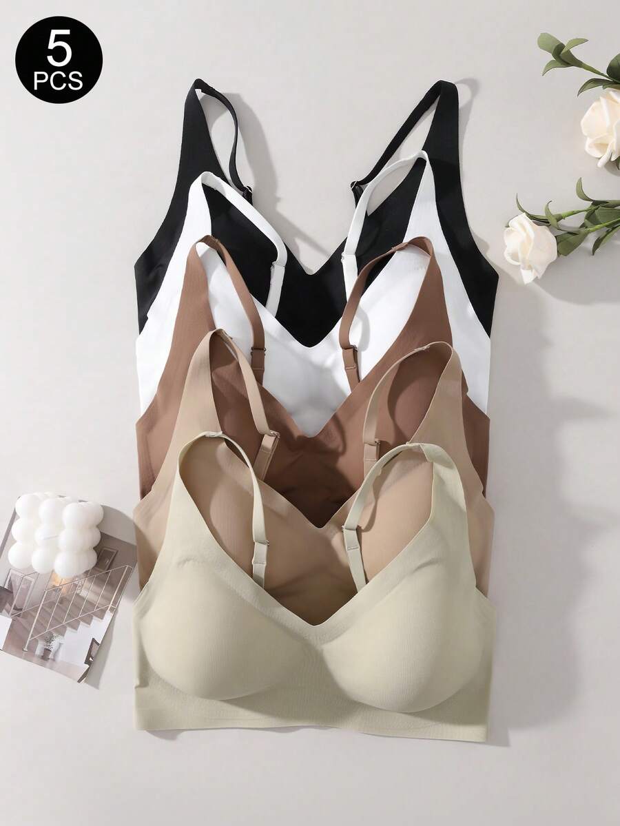 5件套无缝纯色舒适无钢圈文胸，女士款 - 彩色 - 查看 1