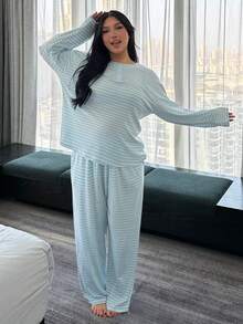 Dazy Plus 两件套休闲条纹宽松长袖上衣和长裤睡衣套装，舒适家居服 - 藍色 - 查看 1