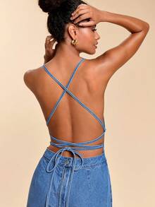 Travachic Women's Backless Tie Strap Pocket Wide Leg Fashionable Denim Jumpsuit - Medium Wash - View 7