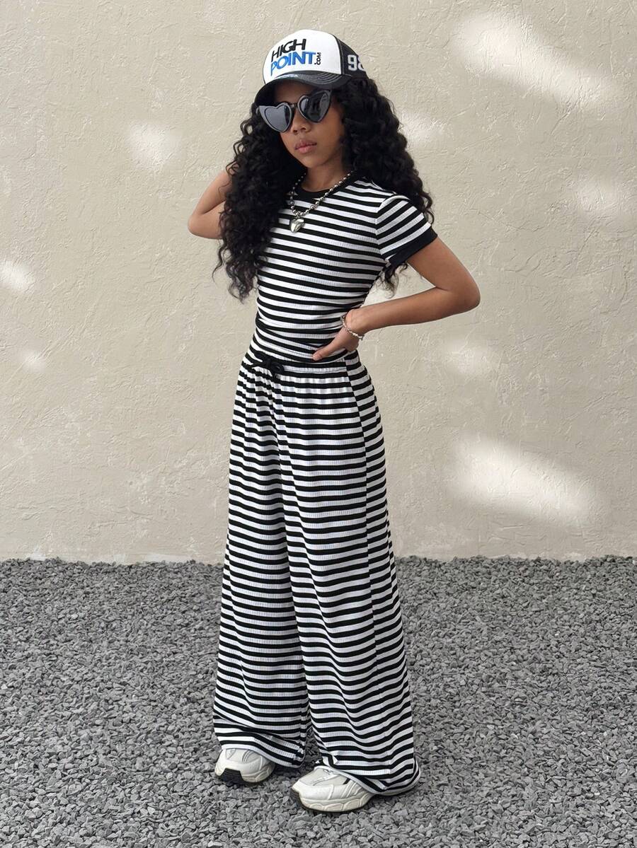 2pcs Tween Girls Spring Striped Short Sleeve T-Shirt And Pants Casual Set - Black and White - View 1