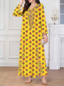 Al Najma Đầm nữ thanh lịch in hoa cổ chữ V tay dài dáng xòe, thoải mái và đa năng, phù hợp mặc ở nhà, đi chơi, nghỉ lễ, dự tiệc và các buổi gặp mặt. Đầm tay dài in hoa màu vàng. - Màu vàng - Xem 5