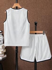 SHEIN 2件套男童休闲宽松字母印花背心短裤套装，适合通勤、上学、日常穿着、运动、春夏穿着。 - 白色 - 查看 2