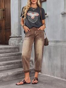 EMERY ROSE Women's Casual Everyday Washed Pocket Tapered Jeans - Coffee Brown - View 5