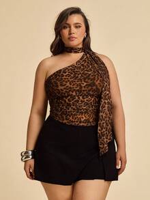 SHEIN BAE 夏季海滩度假大码服装节日服装派对聚会、约会旅行、外出游玩上衣、豹纹露背上衣、不对称上衣、Y2k 服装 - 巧克力棕 - 查看 4