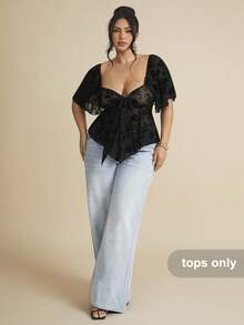 SHEIN BAE Áo cánh tay bèo ren cổ vuông phong cách Gothic cỡ lớn - màu đen - Xem 6