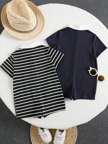 2件套新生男宝宝可爱条纹短袖polo领连体衣套装，适合生日派对、晚宴、演出、婚礼、满月庆祝、洗礼和宝宝周岁派对等场合。 - 彩色 - 查看 6