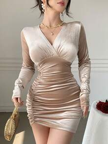 DAZY Đầm ôm sát cổ chữ V xếp ly thanh lịch dành cho nữ, mùa thu - Màu be - Xem 9