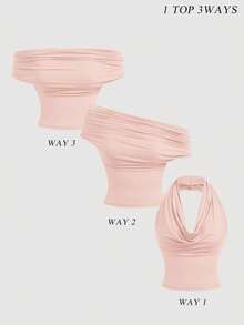 SHEIN MOD 三穿式女士休闲纯色修身夏季上衣，高领露肩款，时尚百搭，适合节日、乡村风、海滩度假、下午茶、晚宴等场合，也可作为舞会上衣或可爱上衣穿着，大码吊带背心/吊带衫。 - 粉色 - 查看 1