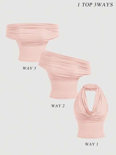 SHEIN MOD 三穿式女士休闲纯色修身夏季上衣，高领露肩款，时尚百搭，适合节日、乡村风、海滩度假、下午茶、晚宴等场合，也可作为舞会上衣或可爱上衣穿着，大码吊带背心/吊带衫。