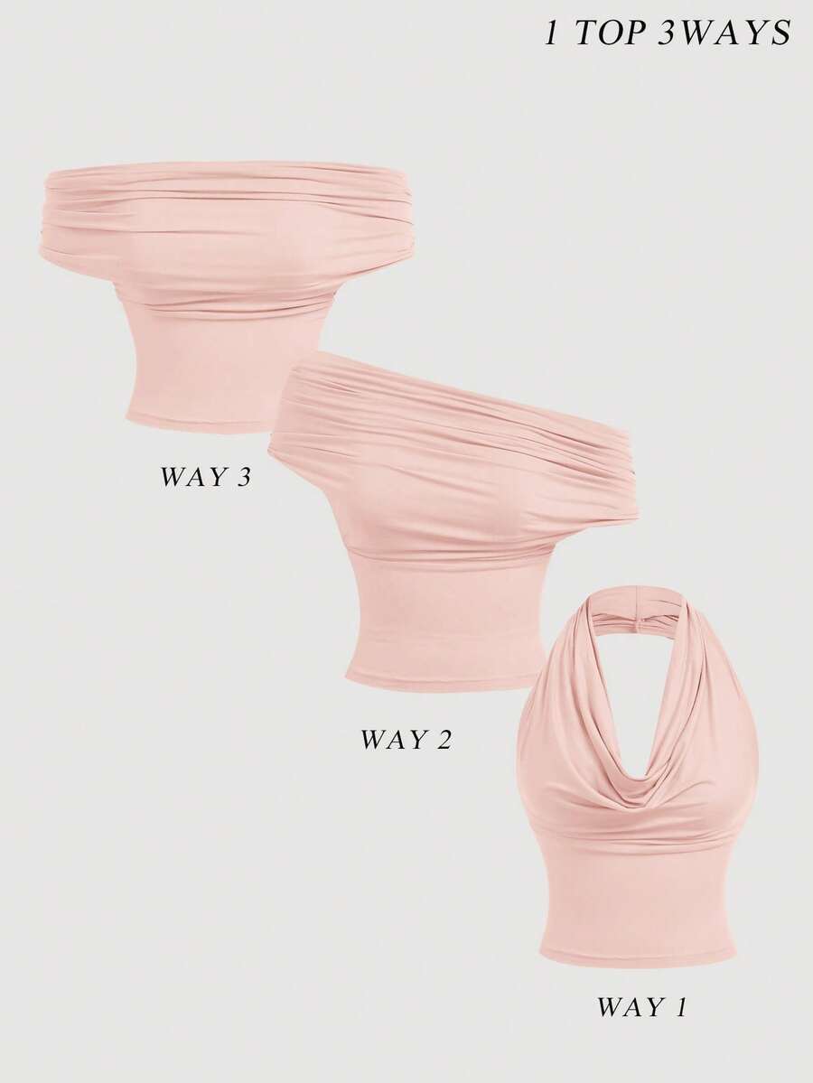 SHEIN MOD 三穿式女士休闲纯色修身夏季上衣，高领露肩款，时尚百搭，适合节日、乡村风、海滩度假、下午茶、晚宴等场合，也可作为舞会上衣或可爱上衣穿着，大码吊带背心/吊带衫。 - 粉色 - 查看 1