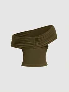 SHEIN MOD Áo nữ dáng ôm màu trơn, đa năng, thích hợp mặc 3 kiểu mùa hè, cổ đổ, trễ vai, kiểu dáng thời trang, dự lễ hội, đi biển, tiệc trà, kín đáo, dự dạ hội, áo dễ thương. - xanh quân đội - Xem 5