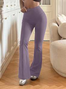 DAZY Women's High Waist Solid Color Casual Slim Fit Flare Pants - Purple - View 7