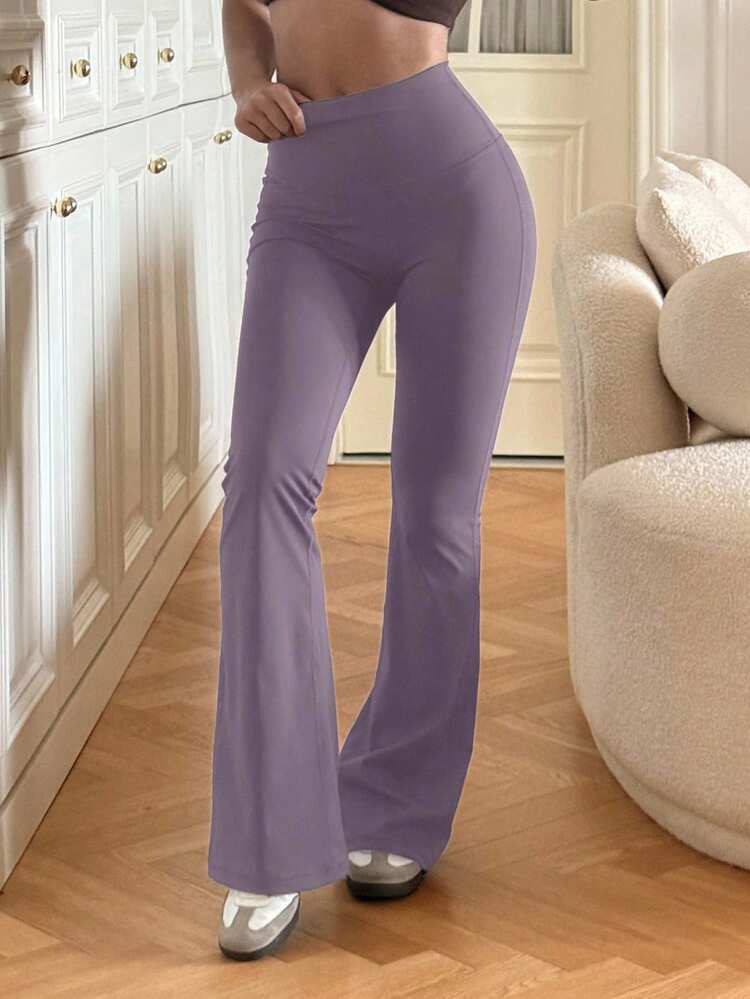Pantalones acampanados de cintura alta de unicolor, ajuste delgado y casual para mujer - Morado - Añade 7