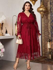 Modelyn 大码女式红色蕾丝长袖收腰A字优雅连衣裙，春夏款 - 紅色 - 查看 3