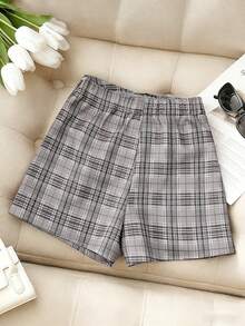Islaluna 女士新品：春、夏、秋季 - 优雅、浪漫、华丽 - 生日派对、晚宴、度假、日常穿着 - 优雅通勤 - 法式情人节 - 女士格子褶皱弹力拉链短裤 - 毕业季 - 节日 - 办公短裤 - 灰色 - 查看 2