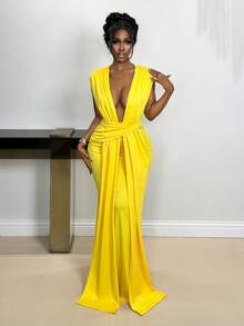 Xyvia Đầm dài nữ màu trơn, kiểu dáng xoắn, đầm midi ôm sát cơ thể với chất liệu dệt kim. - Màu vàng - Xem 4