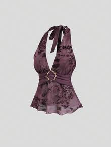 Sweetra Áo hai dây cổ yếm hở lưng họa tiết tròn cổ điển lãng mạn dành cho nữ - Màu tím - Xem 3