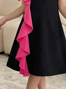 Young Girl Elegant Cute Red Bow Short Sleeve Dress - Black - View 4