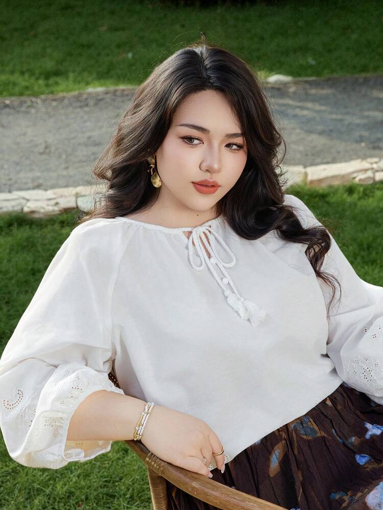 Dazy Plus Elegant Loose Lace Trim Lantern Sleeve Tie Waist Round Neck Oversized White Blouse
