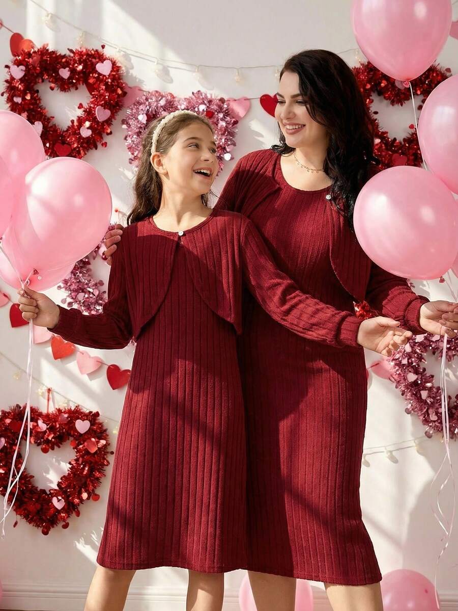 Conjunto de vestido y chaqueta de camiseta acanalada de unicolor para niñas preadolescentes - Rosa Roja - Ver 1