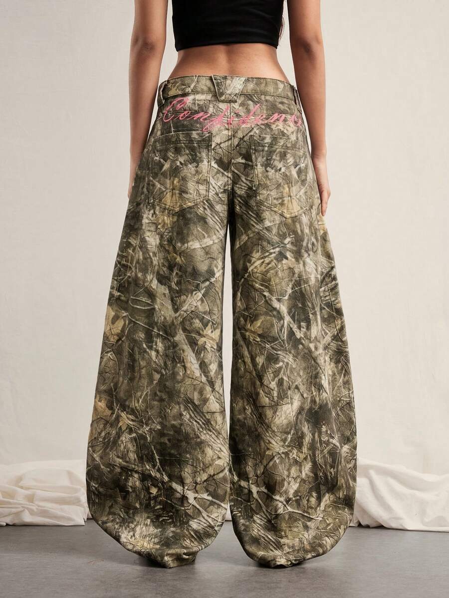 Easelle Quần jeans nữ dáng rộng, in họa tiết toàn thân, cạp thấp, ống rộng, phong cách thường ngày, thích hợp cho việc đi làm. - Nhiều màu - Xem 1