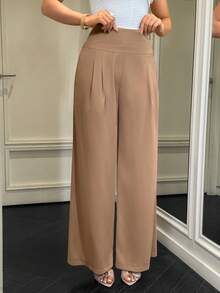 Modelyn Women's Solid High Waist Pleated Wide Leg Palazzo Pants,Khaki,Autumn,Elegant Unique,Elegant,Office Silk Loose Casual Brown Pants For Women - Apricot - View 7